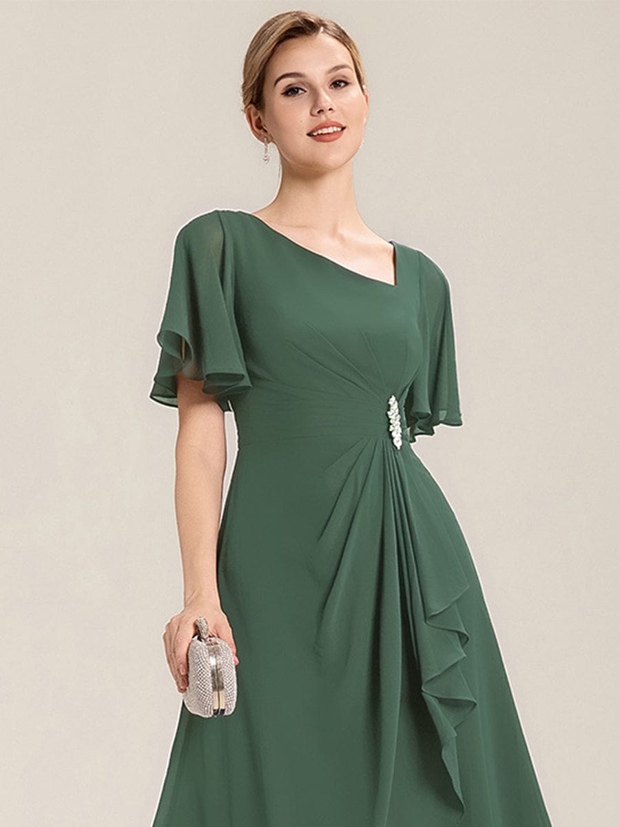 Chiffon Pleated Ruffle Sleeve Wedding Guest Dress