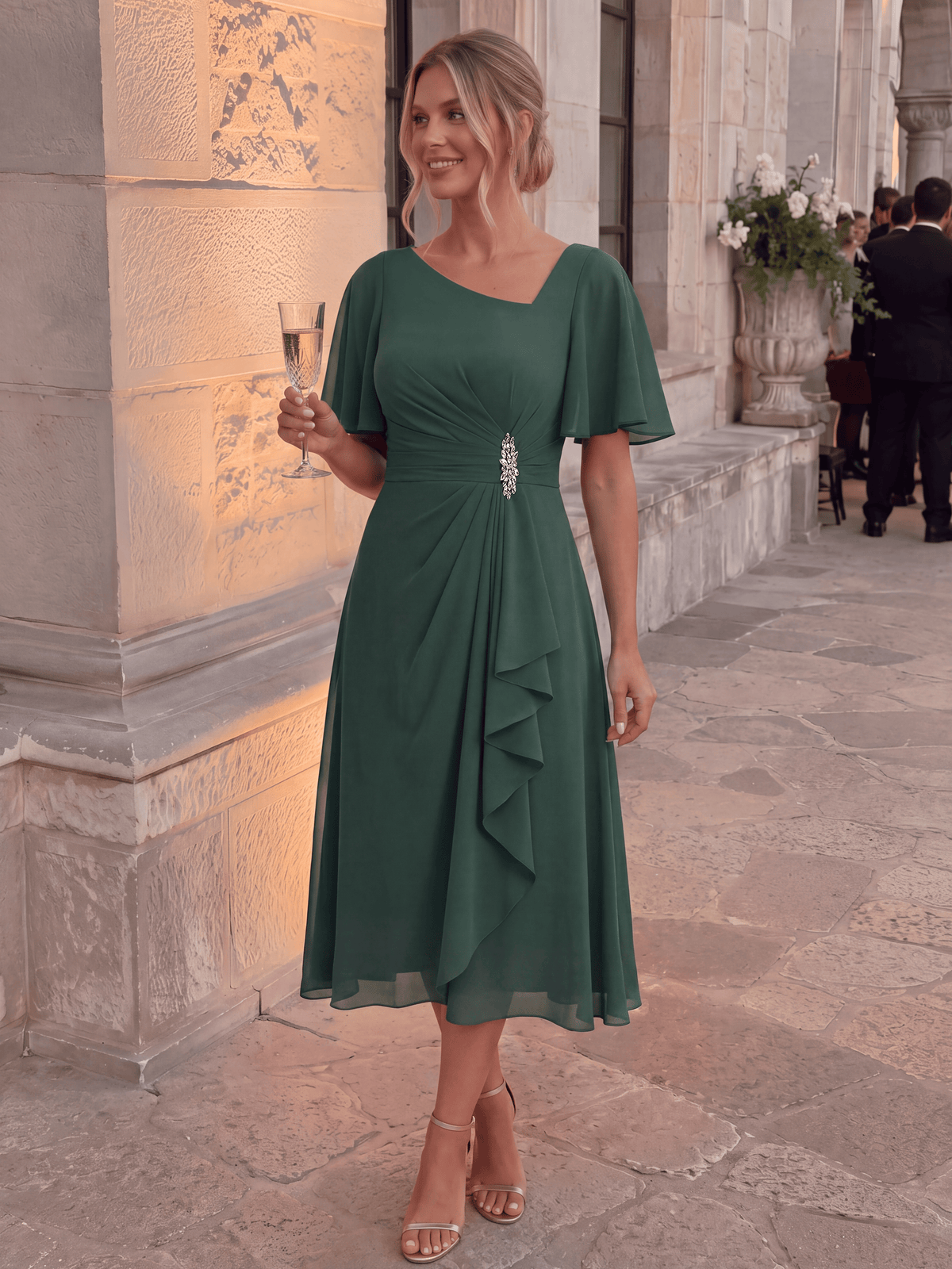 Chiffon Pleated Ruffle Sleeve Wedding Guest Dress
