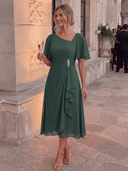 Chiffon Pleated Ruffle Sleeve Wedding Guest Dress