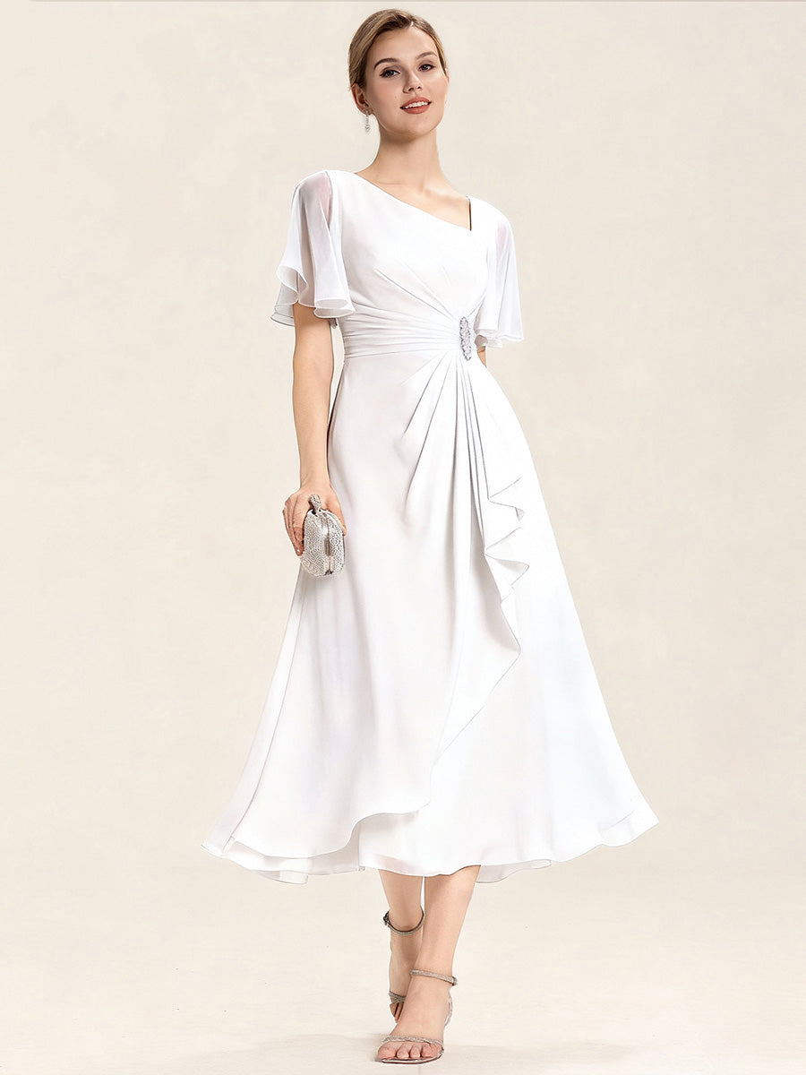 Chiffon Pleated Ruffle Sleeve Wedding Guest Dress — White