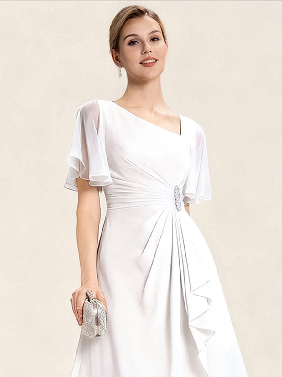 Chiffon Pleated Ruffle Sleeve Wedding Guest Dress