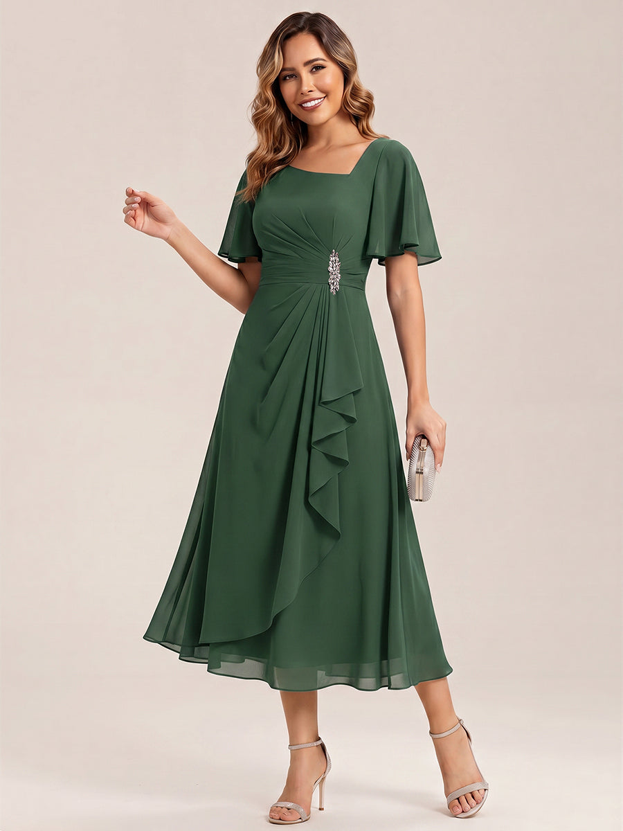 Chiffon Pleated Ruffle Sleeve Wedding Guest Dress — Eucalyptus