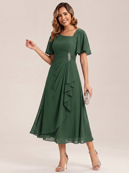 Chiffon Pleated Ruffle Sleeve Wedding Guest Dress — Eucalyptus