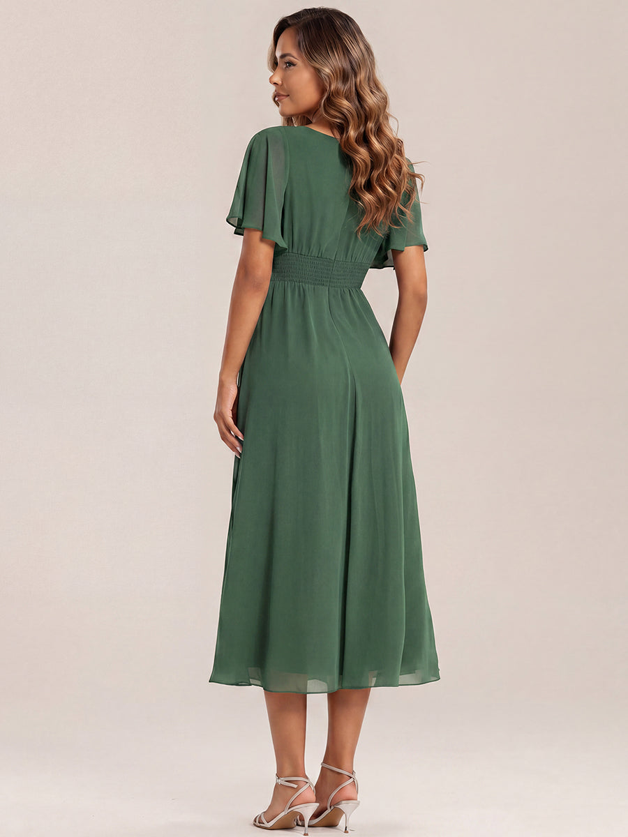 Chiffon Pleated Ruffle Sleeve Wedding Guest Dress