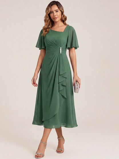 Chiffon Pleated Ruffle Sleeve Wedding Guest Dress