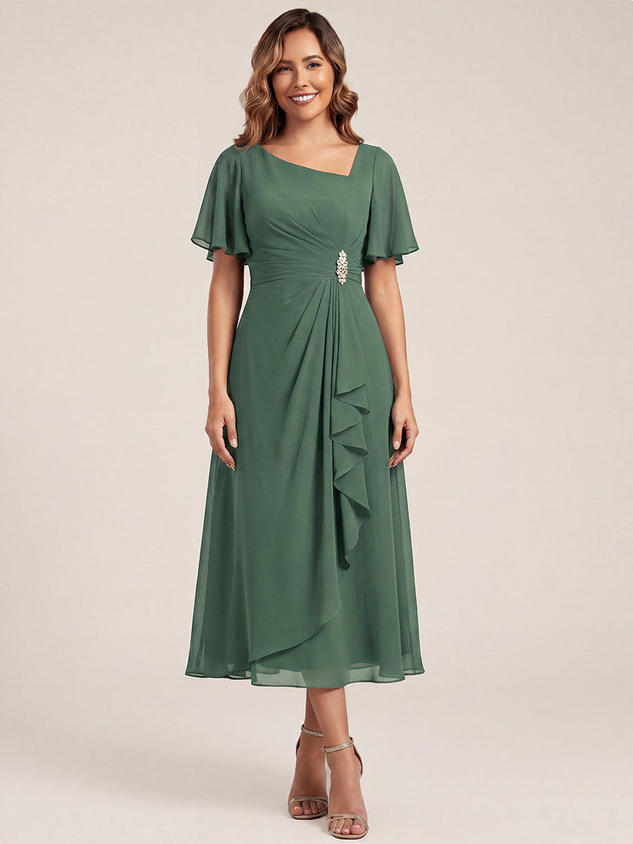 Chiffon Pleated Ruffle Sleeve Wedding Guest Dress
