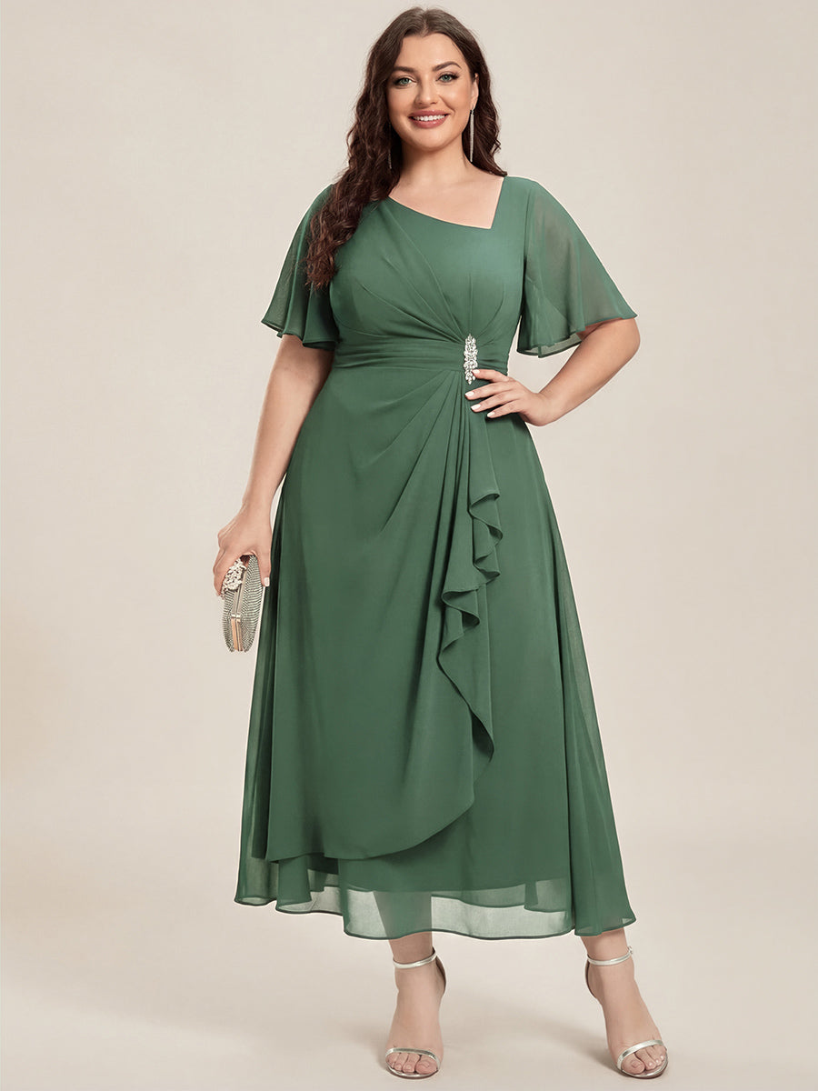 Chiffon Pleated Ruffle Sleeve Wedding Guest Dress