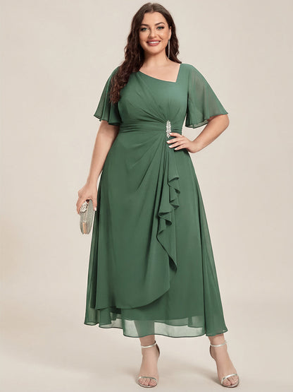 Chiffon Pleated Ruffle Sleeve Wedding Guest Dress