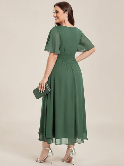 Chiffon Pleated Ruffle Sleeve Wedding Guest Dress