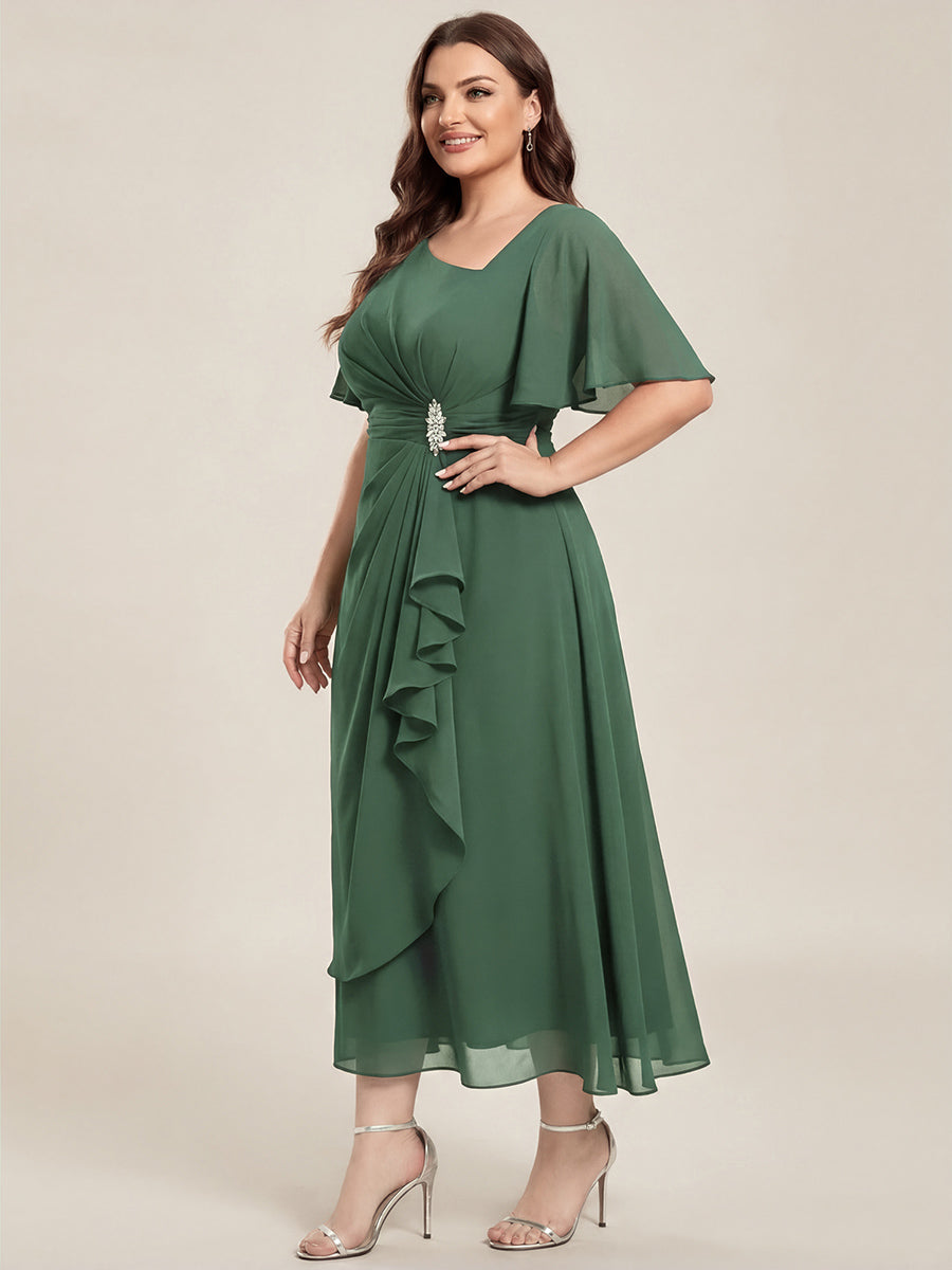 Chiffon Pleated Ruffle Sleeve Wedding Guest Dress