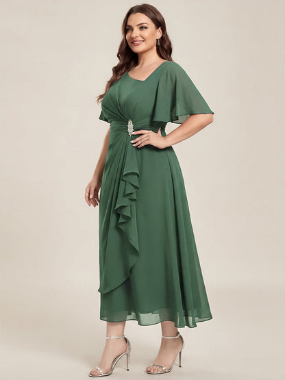 Chiffon Pleated Ruffle Sleeve Wedding Guest Dress