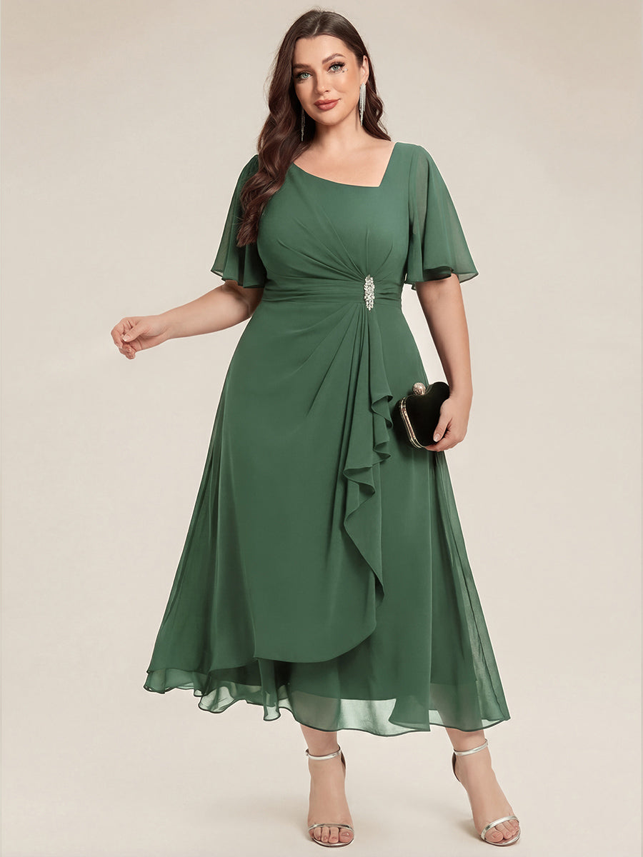 Chiffon Pleated Ruffle Sleeve Wedding Guest Dress