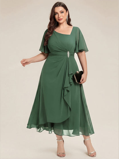 Chiffon Pleated Ruffle Sleeve Wedding Guest Dress