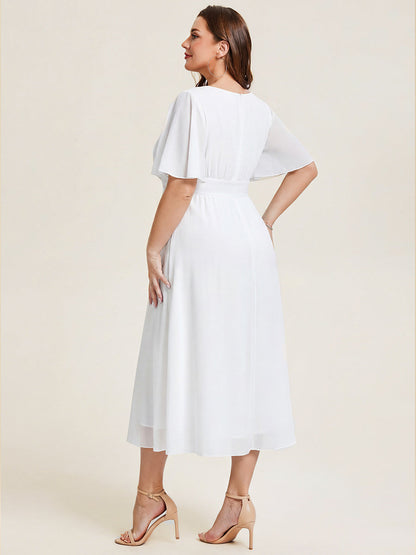 Chiffon Pleated Ruffle Sleeve Wedding Guest Dress