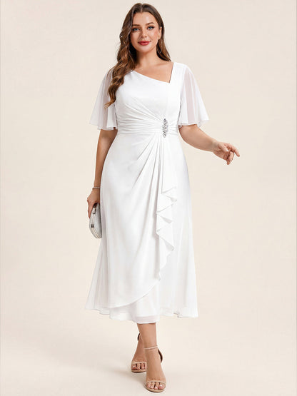 Chiffon Pleated Ruffle Sleeve Wedding Guest Dress
