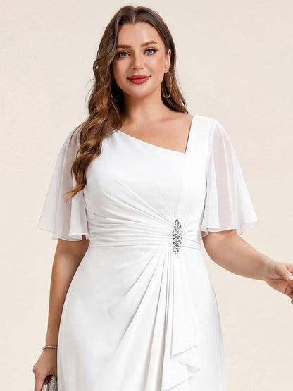 Chiffon Pleated Ruffle Sleeve Wedding Guest Dress