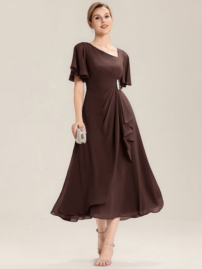 Chiffon Pleated Ruffle Sleeve Wedding Guest Dress — Chocolate Brown
