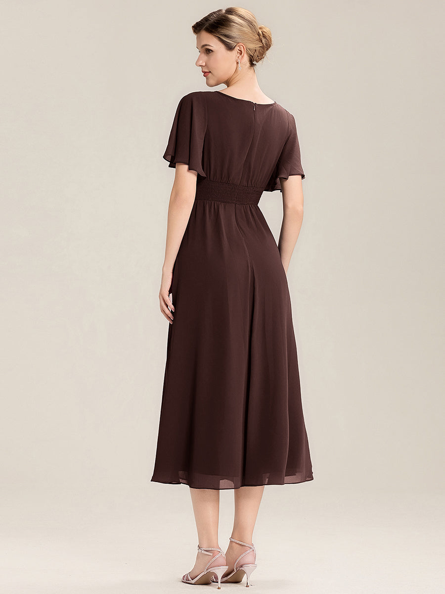 Chiffon Pleated Ruffle Sleeve Wedding Guest Dress