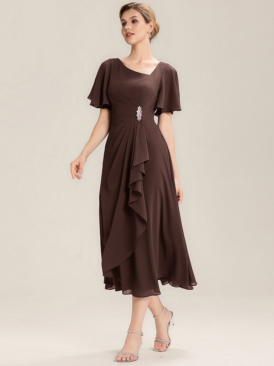 Chiffon Pleated Ruffle Sleeve Wedding Guest Dress