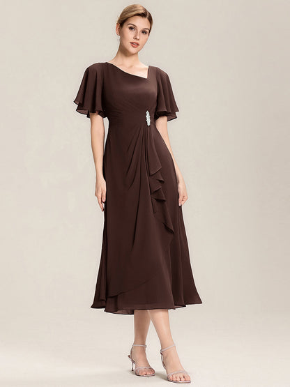 Chiffon Pleated Ruffle Sleeve Wedding Guest Dress