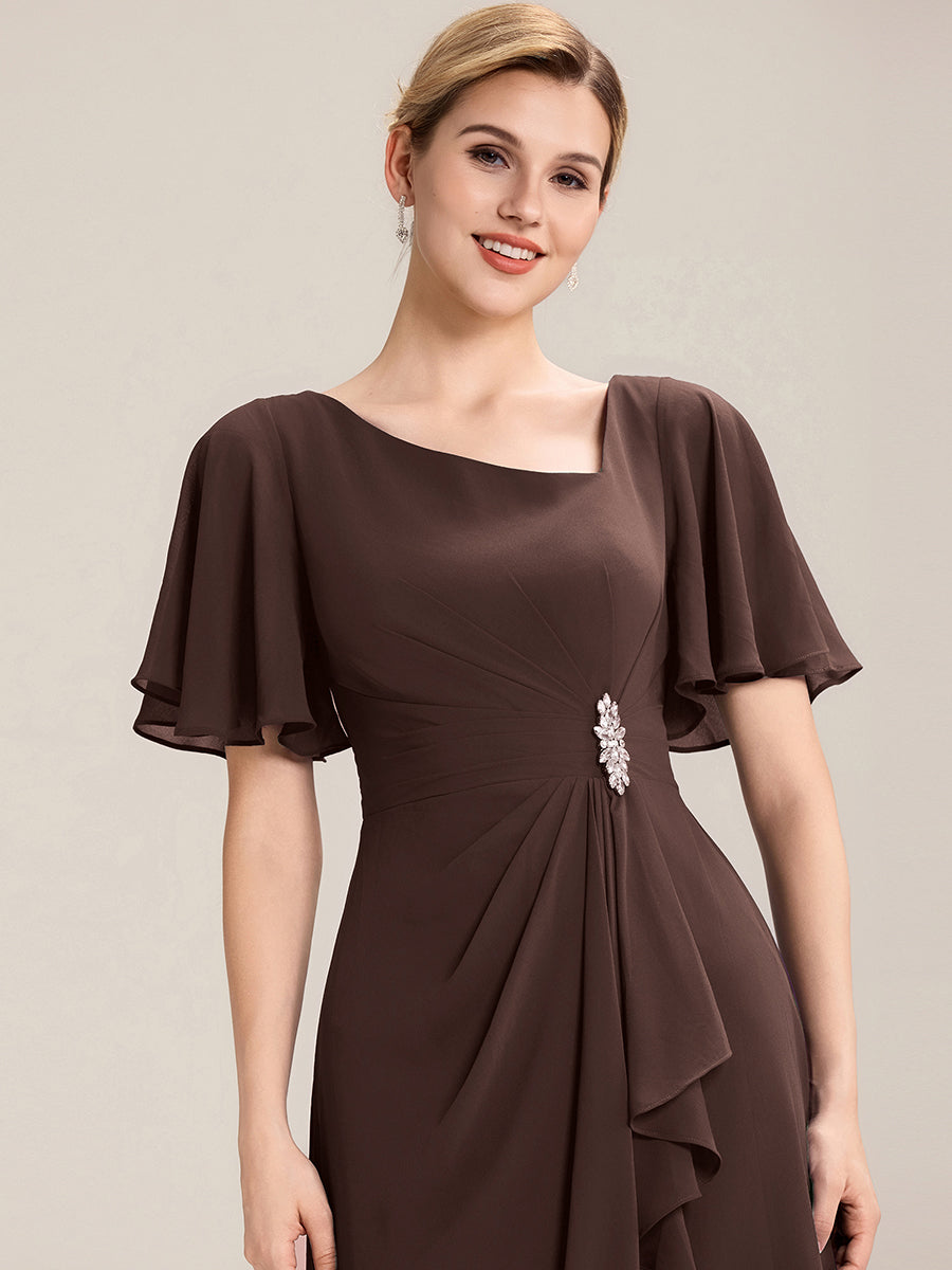 Chiffon Pleated Ruffle Sleeve Wedding Guest Dress