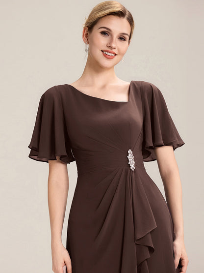 Chiffon Pleated Ruffle Sleeve Wedding Guest Dress