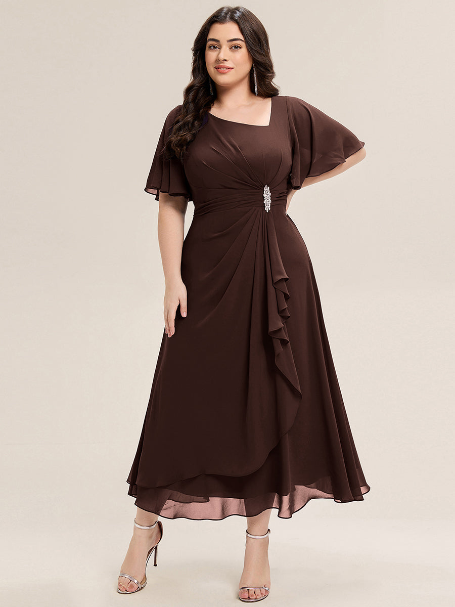 Chiffon Pleated Ruffle Sleeve Wedding Guest Dress