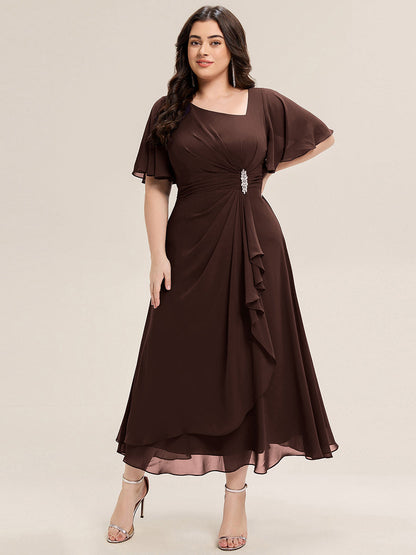 Chiffon Pleated Ruffle Sleeve Wedding Guest Dress