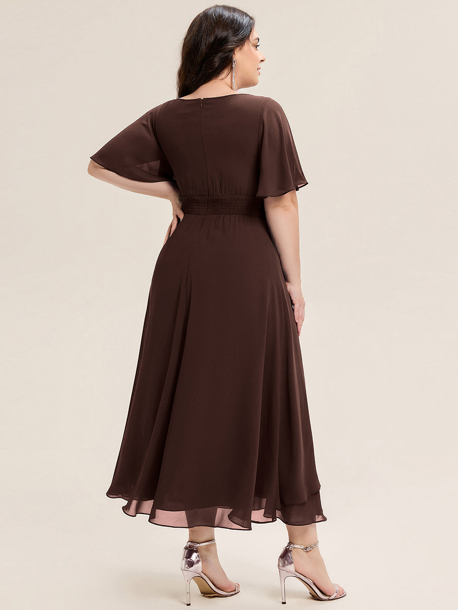 Chiffon Pleated Ruffle Sleeve Wedding Guest Dress