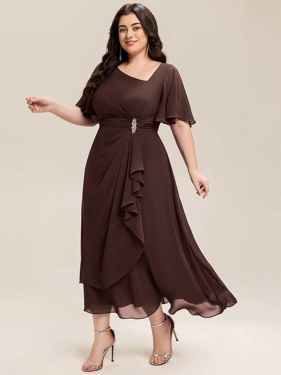Chiffon Pleated Ruffle Sleeve Wedding Guest Dress