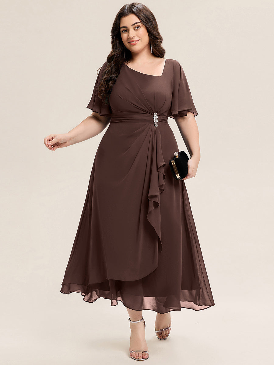 Chiffon Pleated Ruffle Sleeve Wedding Guest Dress