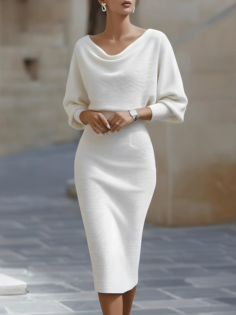 Liora | Refined Draped Batwing Midi Dress — White — Alfa Empire, view 1