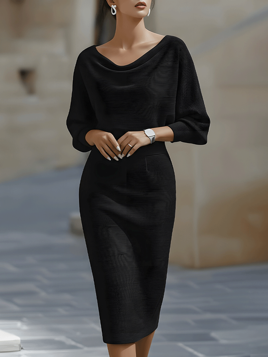 Liora | Refined Draped Batwing Midi Dress — Black — Alfa Empire, view 2