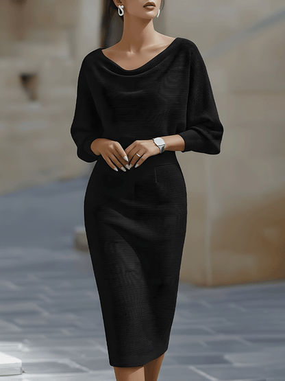 Liora | Refined Draped Batwing Midi Dress — Black — Alfa Empire, view 2