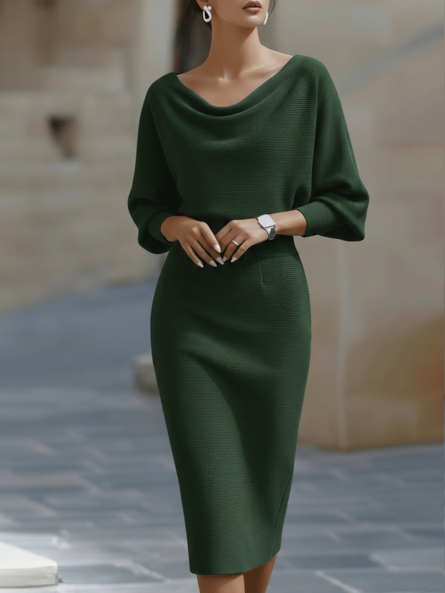 Liora | Refined Draped Batwing Midi Dress — Green — Alfa Empire, view 3
