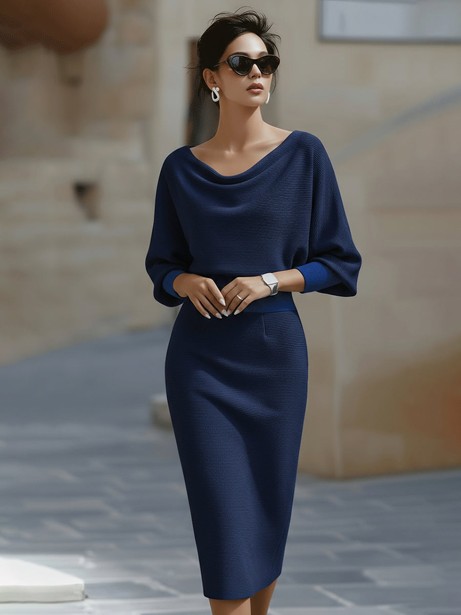 Liora | Refined Draped Batwing Midi Dress — Navy Blue — Alfa Empire, view 6