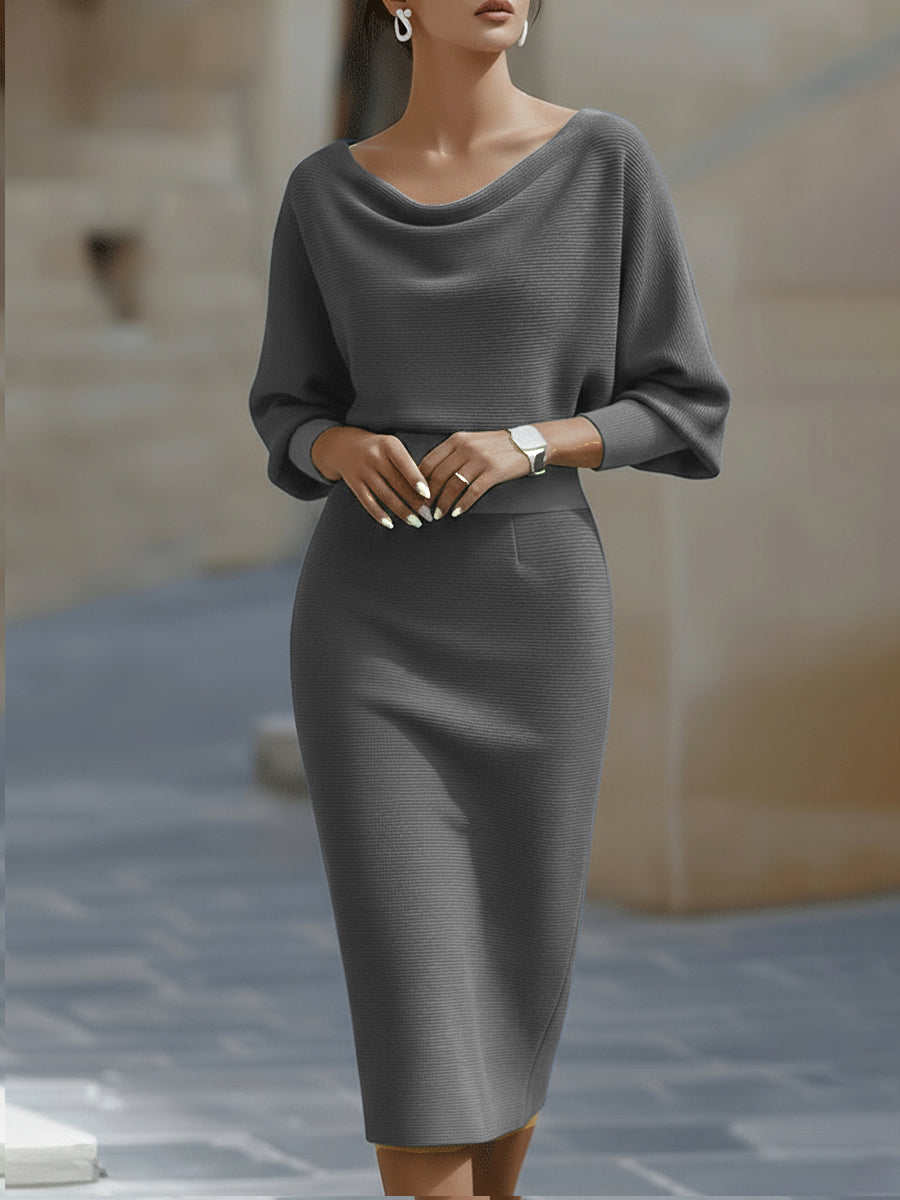 Liora | Refined Draped Batwing Midi Dress — Grey — Alfa Empire, view 7