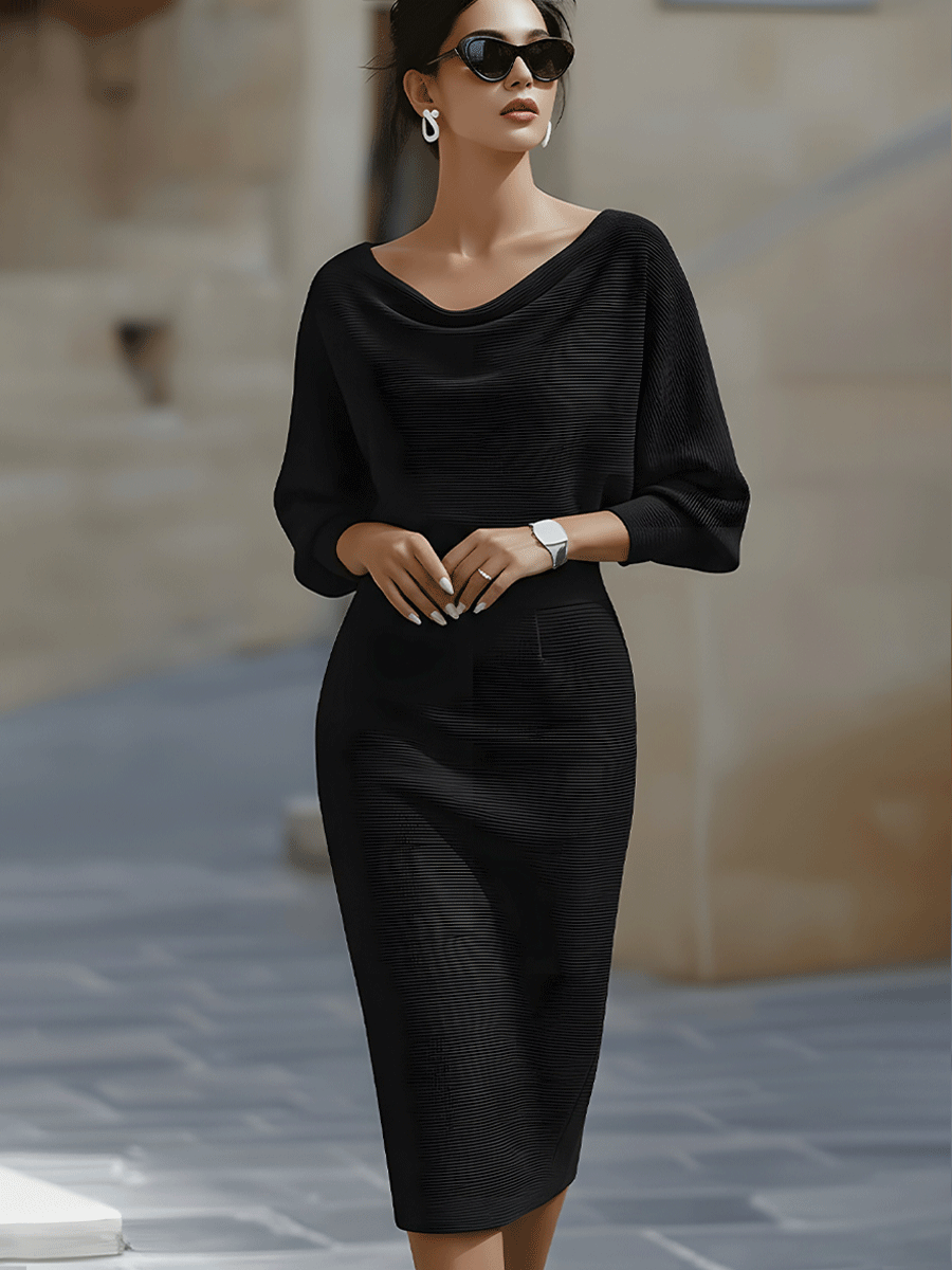 Liora | Refined Draped Batwing Midi Dress — Alfa Empire, view 9