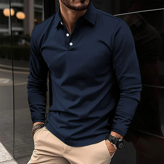 Luca | Smart Casual Long-Sleeved Polo — Navy Blue — Alfa Empire, view 2