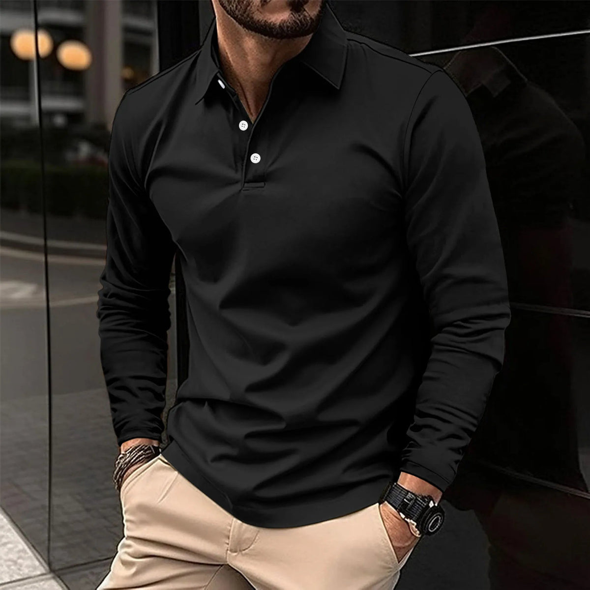 Luca | Smart Casual Long-Sleeved Polo — Black — Alfa Empire, view 4