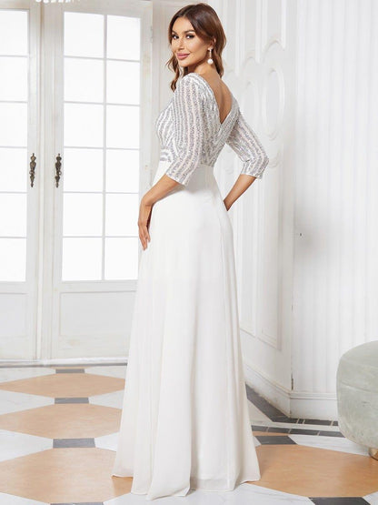 Sequin V-Neck Evening Dresses with 3/4 Sleeve