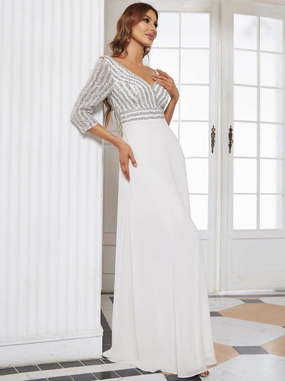 Sequin V-Neck Evening Dresses with 3/4 Sleeve