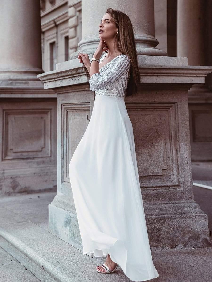 Sequin V-Neck Evening Dresses with 3/4 Sleeve