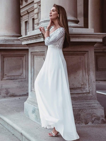 Sequin V-Neck Evening Dresses with 3/4 Sleeve