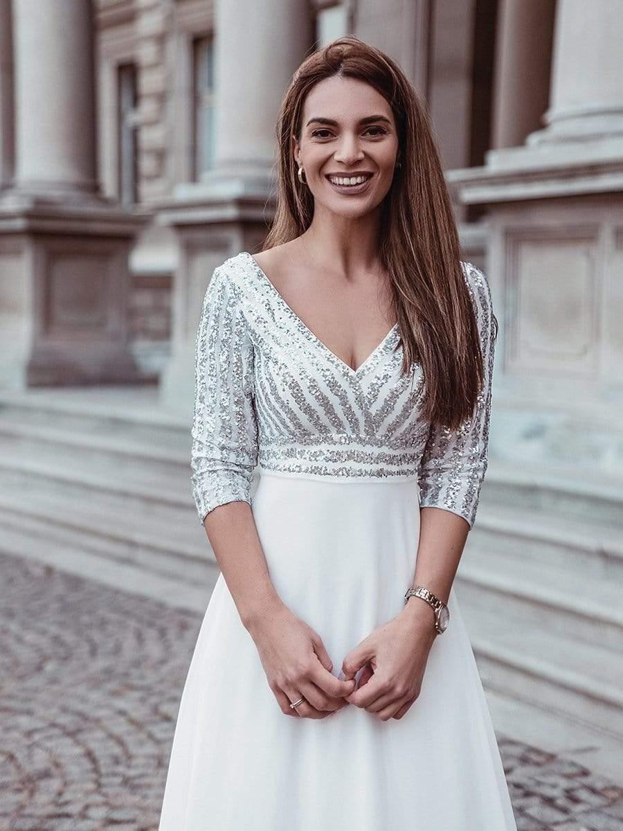 Sequin V-Neck Evening Dresses with 3/4 Sleeve