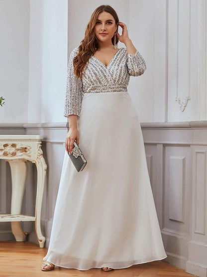 Sequin V-Neck Evening Dresses with 3/4 Sleeve