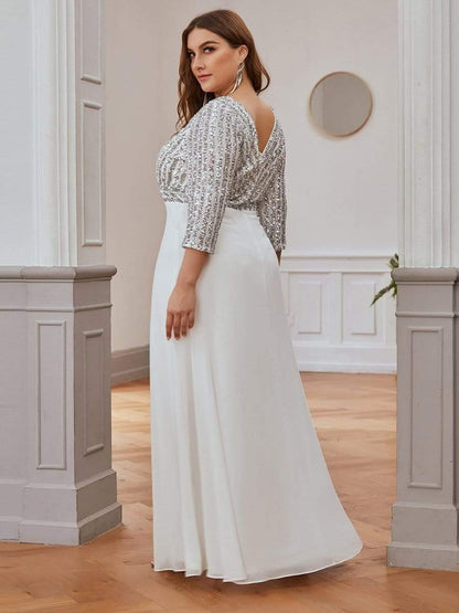 Sequin V-Neck Evening Dresses with 3/4 Sleeve
