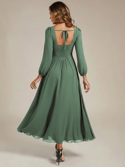 Chiffon See-through Lantern Sleeve Bridesmaid Dress