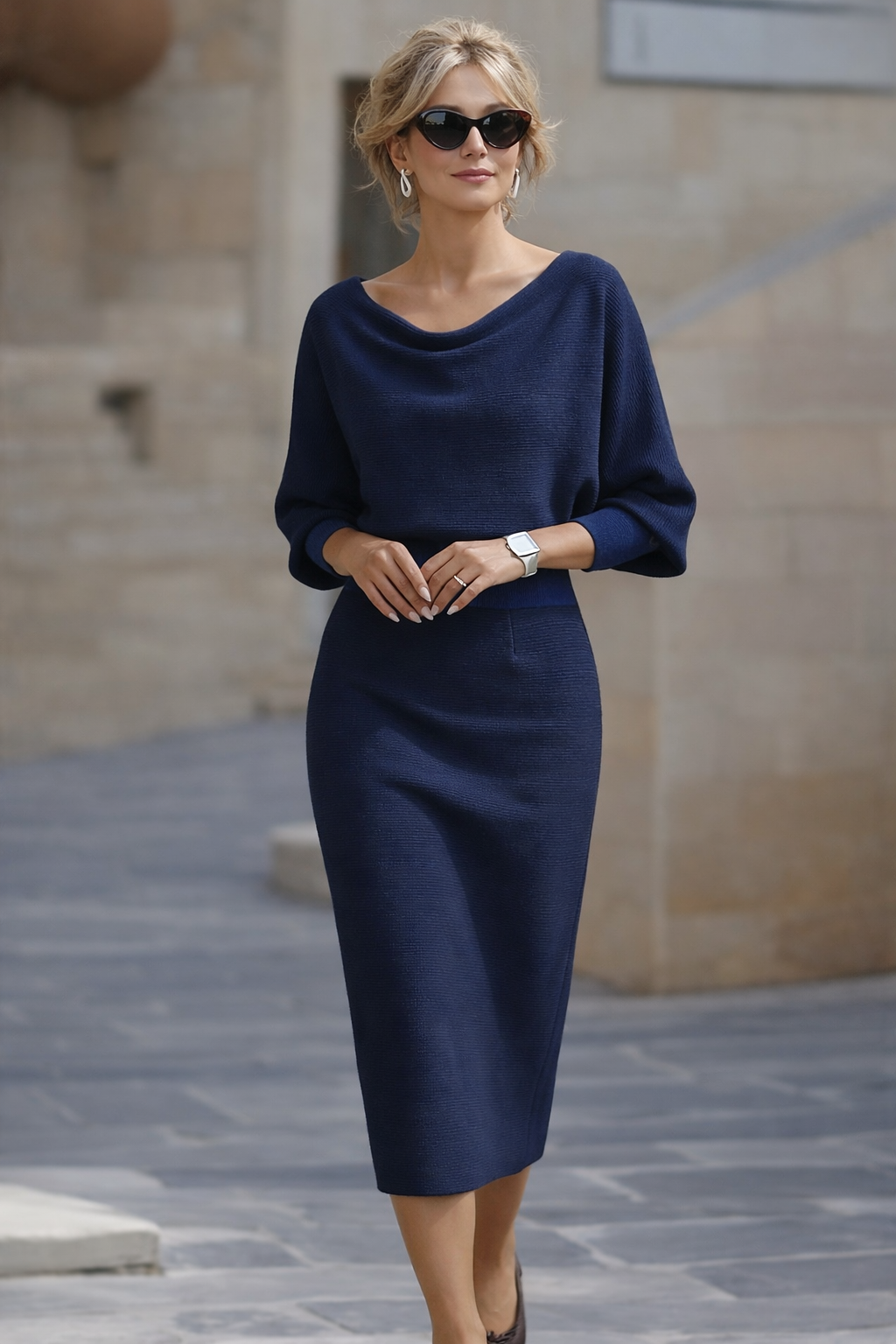 Lydia | Refined Round Neck Midi Dress — Navy Blue — Alfa Empire, view 1