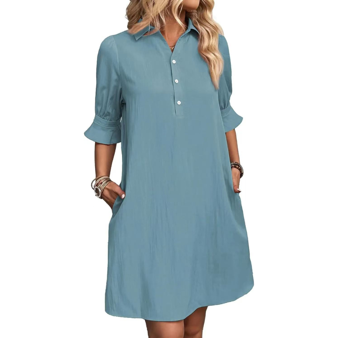 Lyla | Casual Button Down Shirt Dress — Gray Blue — Alfa Empire, view 3